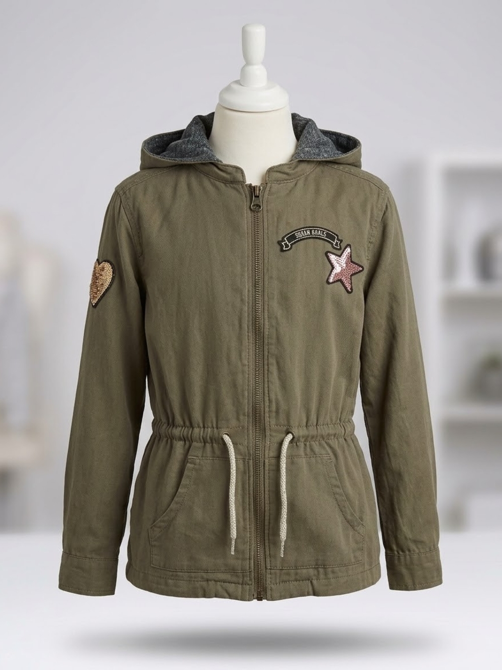 Girls' Olive Hooded Anorak Jacket with Sequin Patches Light Cotton Great Cond 5